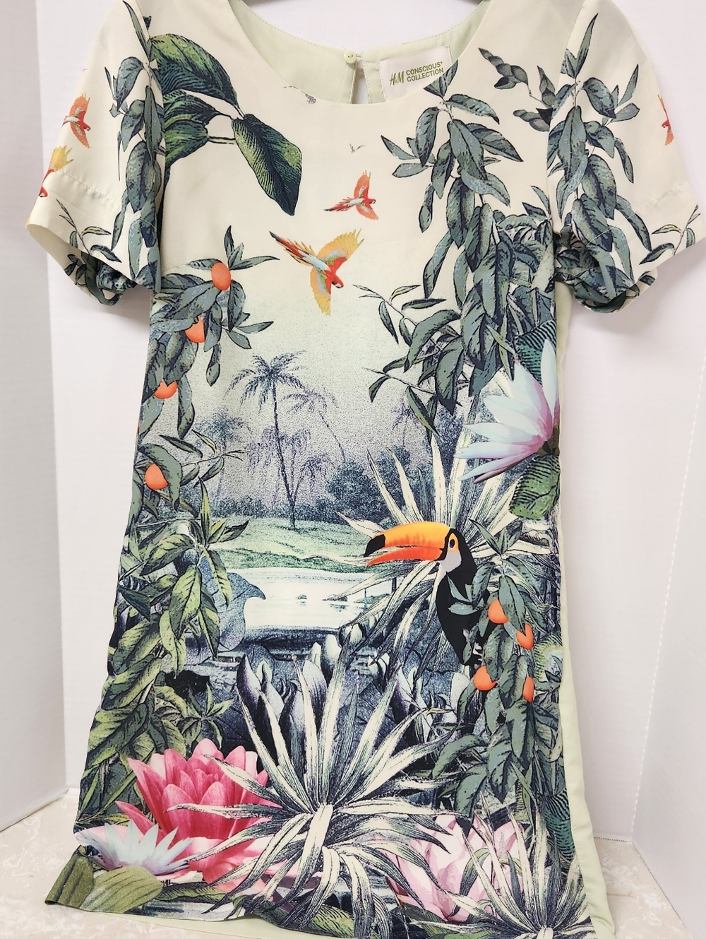 H&M Conscious Collection Tropical Toucan Print Dress Sz 4 Cruise Vacation Wear